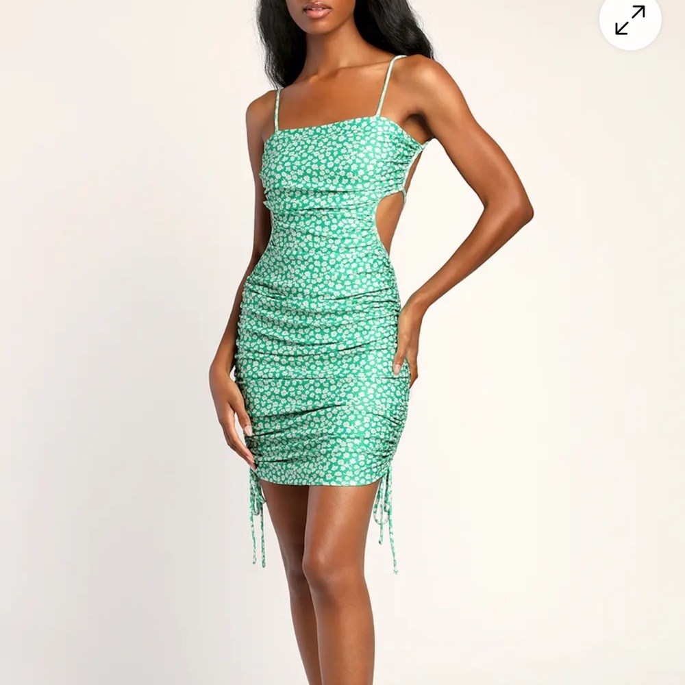 Lulus Wildflower Power Green Floral Tie-Back Ruched Bodycon Dress